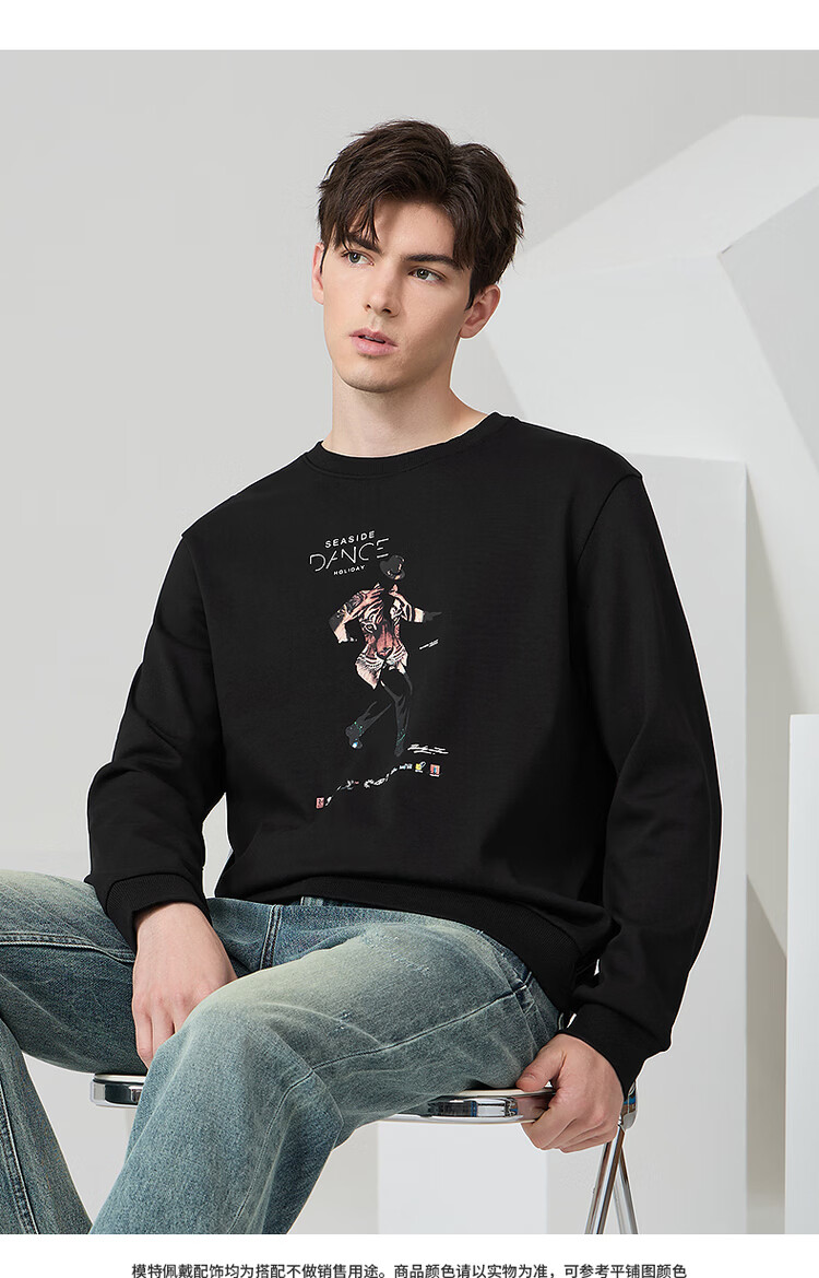 Dancing with Wolves [Fleece Lined Warm] Trendy Printed Crew Neck Pullover Skin-Friendly Comfortable Men's Sweatshirt 001 Black S 3