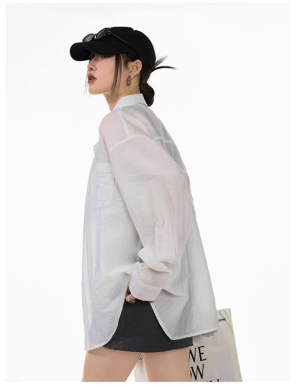 ICH MODE American Style White Shirt Women Summer Loose Physical Sun Protection Shirt Jacket Long Sleeve Top Blue XL 11
