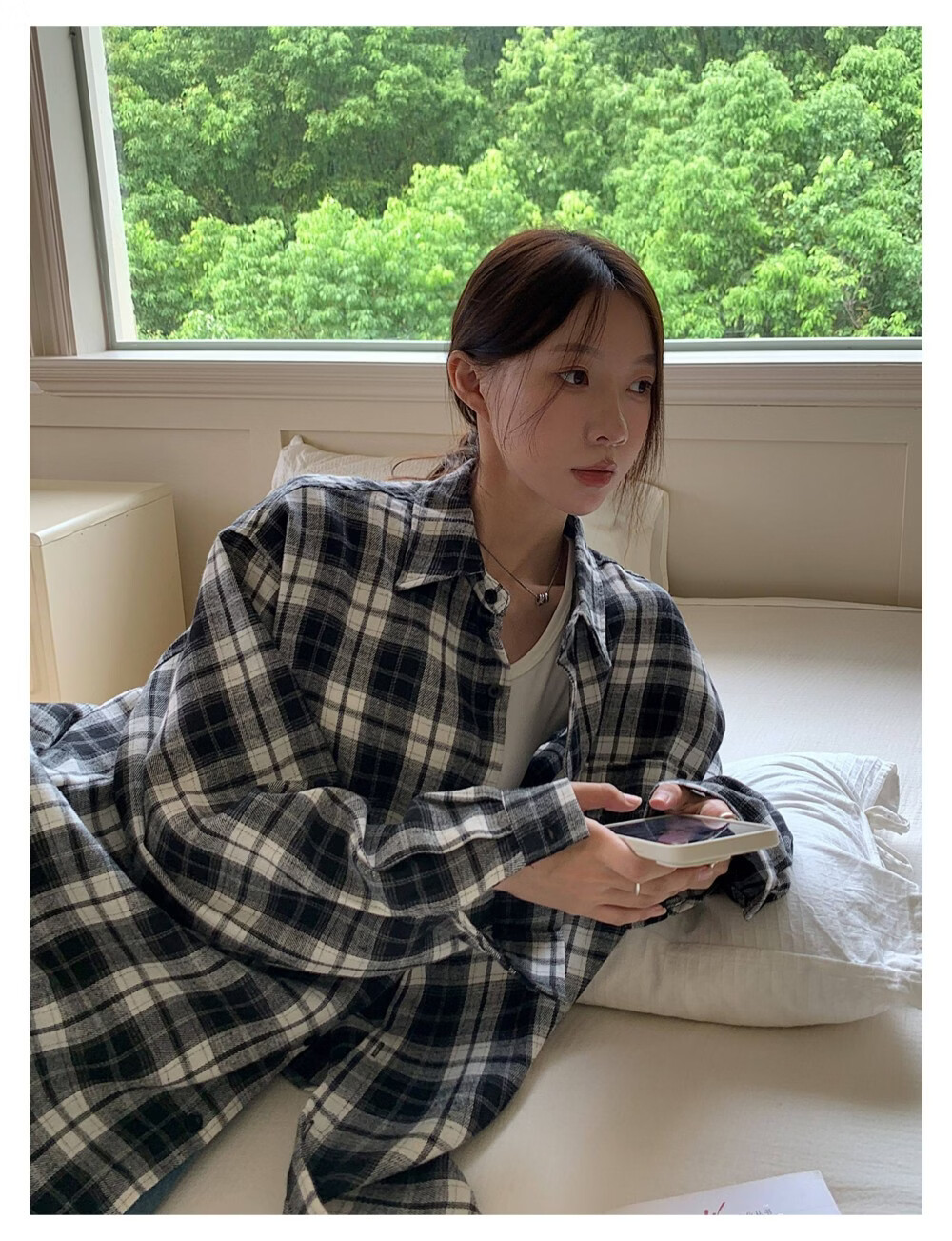 ICH MODE "Jeju Island Breeze" Brushed Plaid Shirt Jacket Women Vintage Check Long Sleeve Korean Style Shirt Blue L 17