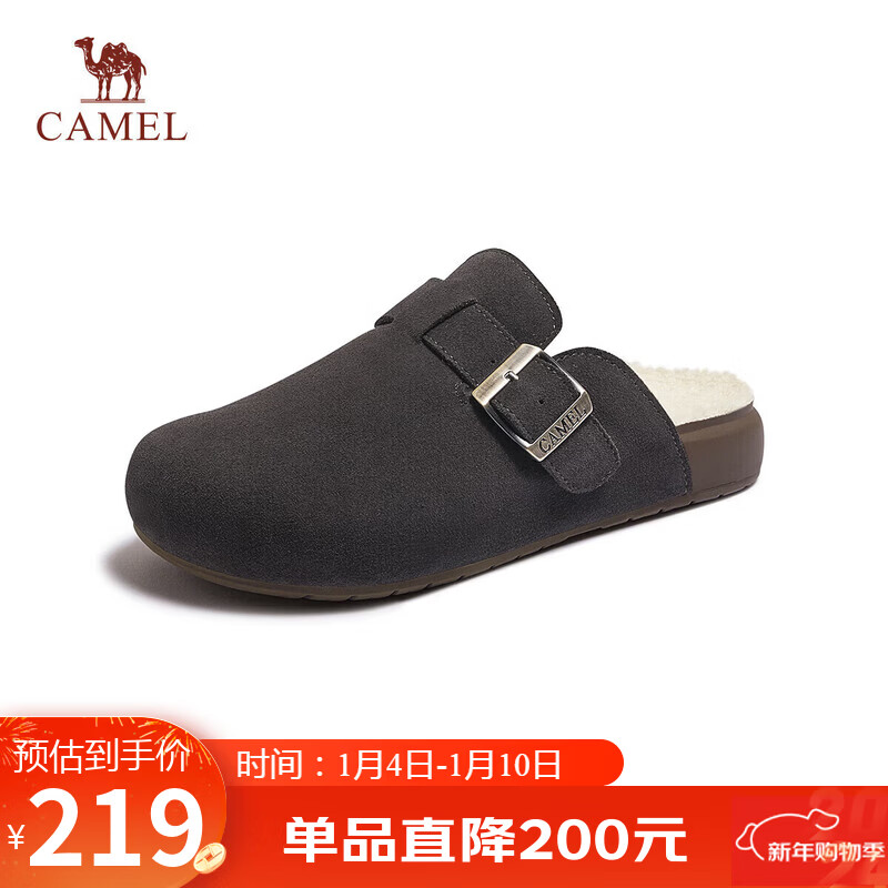 CAMEL Casual Slip-On Birkenstock Style Comfortable Low-Cut Shoes L25W700099 Black Gray (Half-Slip Fleece Lined) Size 39