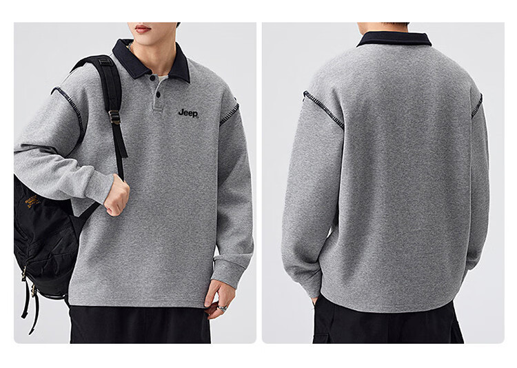 JEEP Men's Spring Autumn Polo Collar Loose Long Sleeve Base Shirt Dark Gray 3XL 11