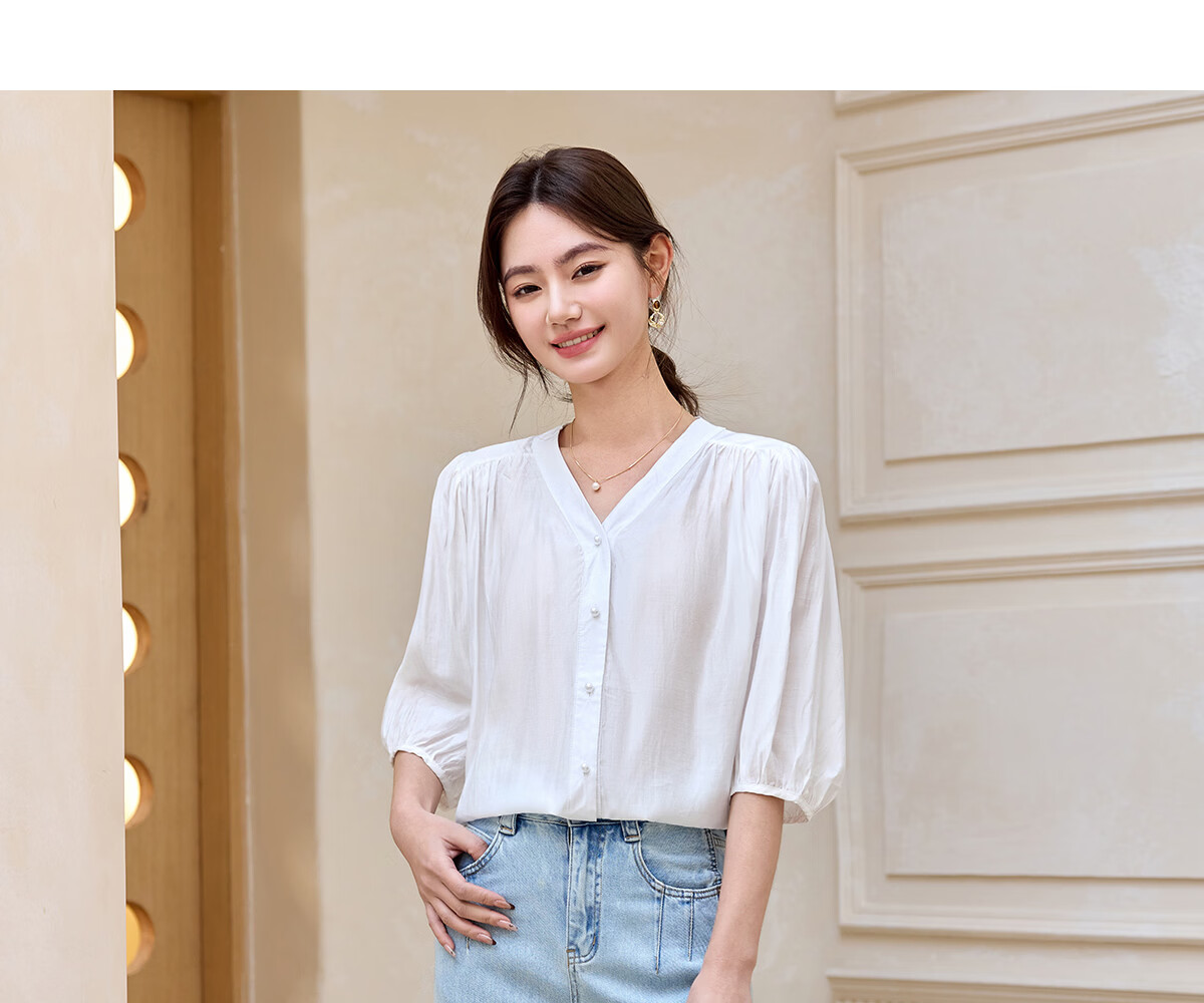 Halo Queen Women's Short Sleeve V-Neck White Shirt Summer Interview Professional Commuter Blouse H52S013 3