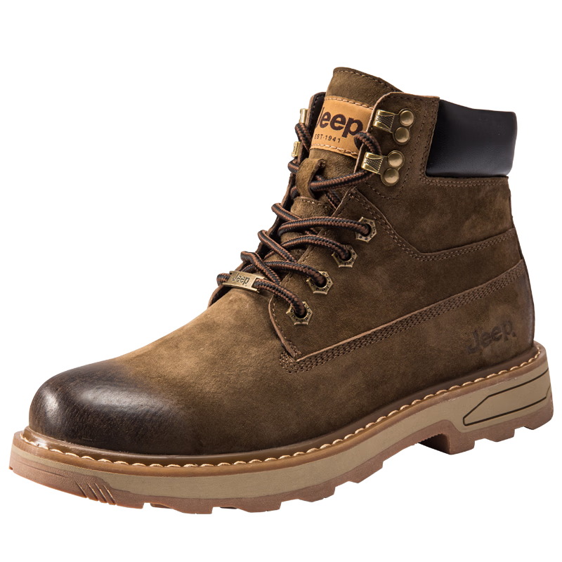 Jeep Men's Shoes, Wear-Resistant Non-Slip Martin Boots, High-Top British Retro Style Work Boots, Fleece-Lined, Sand Color, Size 40