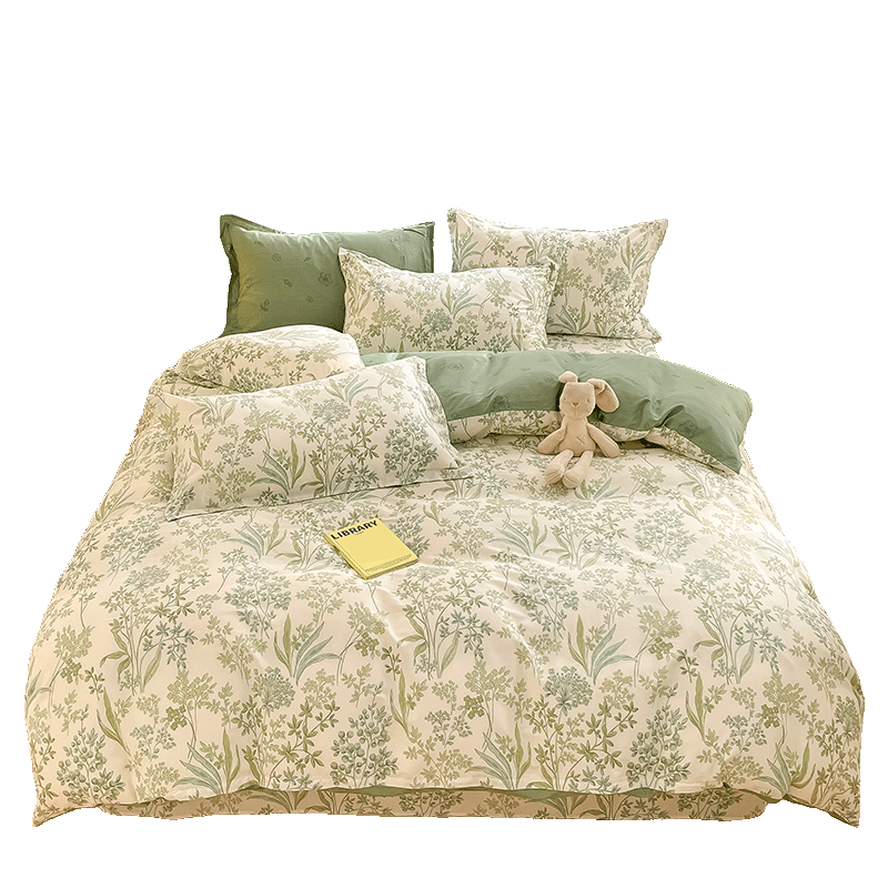 Hodo 100% Cotton Four-Piece Bedding Set, All Cotton Bed Linen, Spring and Autumn Bed Sheet and Quilt Cover 200x230cm, Youyou Xiancao, Suitable for 1.5/1.8m Bed