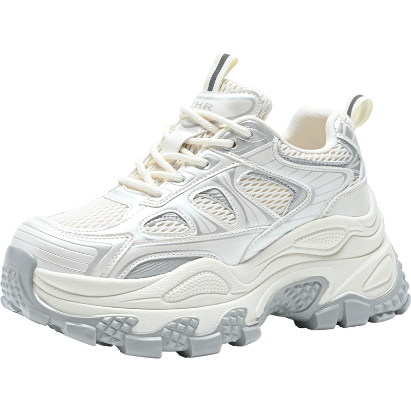 ZHR Women's Dad Sneakers 2026 Spring Autumn New 7CM Thick Sole Lightweight Non-Slip Sports Shoes Beige Size 37