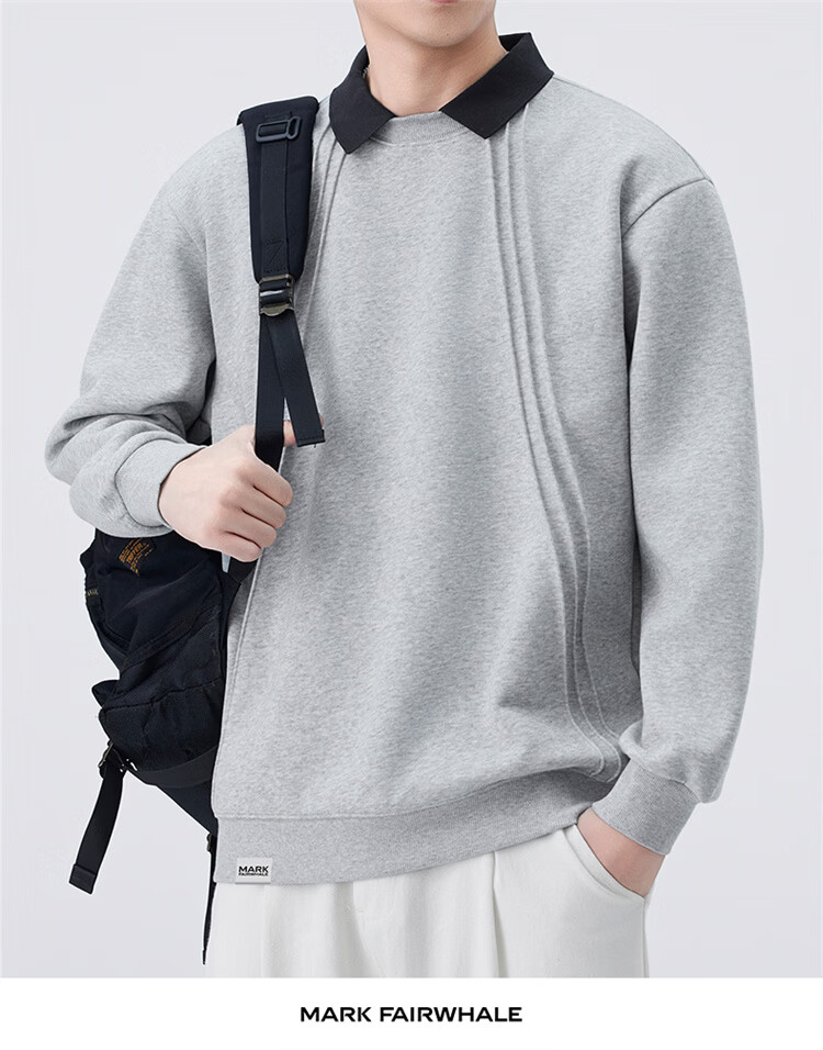 MARK FAIRWHALE Men's Sweatshirt Spring and Autumn Loose Casual Two-in-One Long Sleeve T-Shirt Men's Trendy Jacket Navy Blue XL 8
