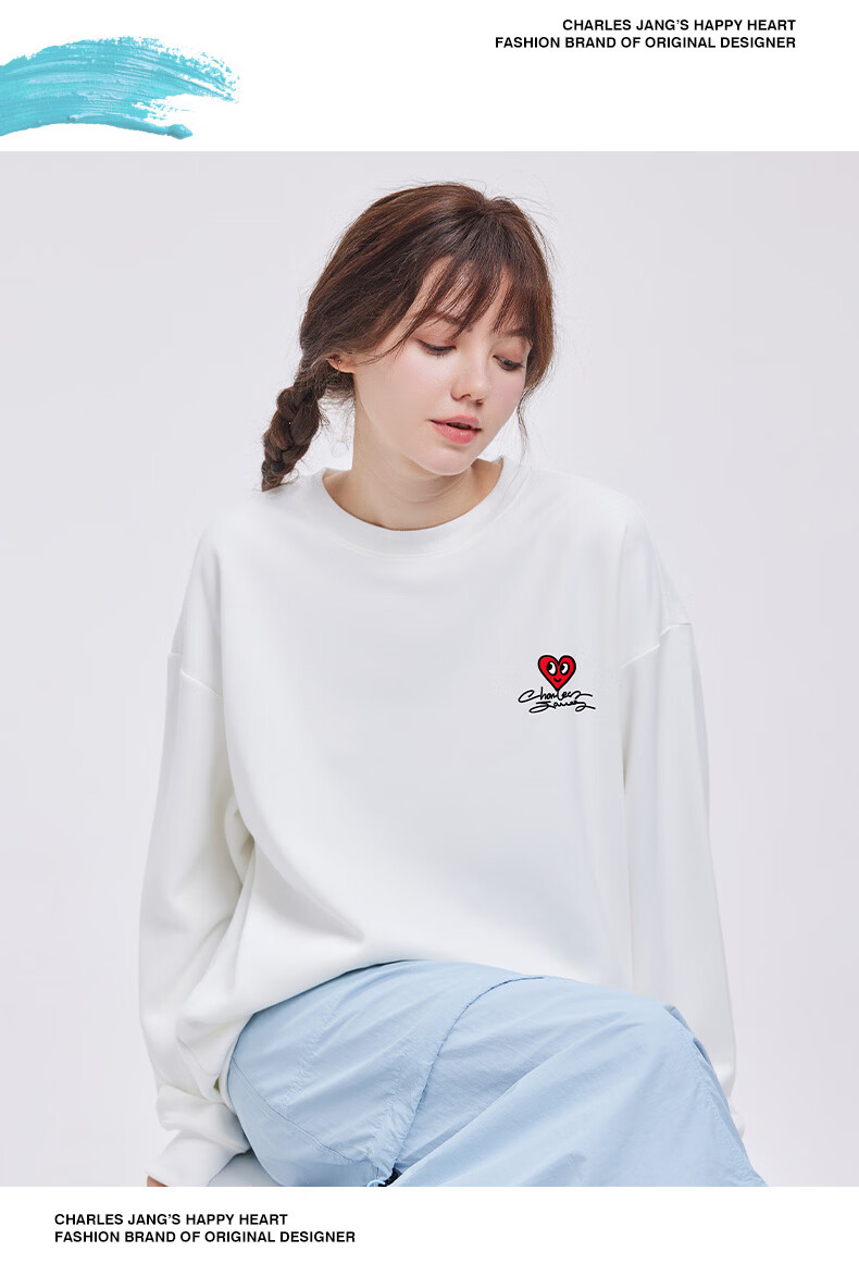 Charles Heart Sweatshirt Unisex Couple Casual Crewneck Love Heart Print Loose Fit Youth Simple Top Khaki 2XL 6