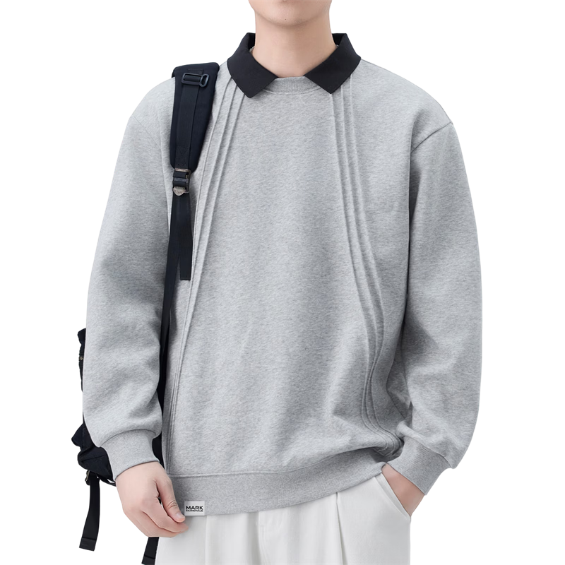 MARK FAIRWHALE Men's Sweatshirt Spring and Autumn Loose Casual Two-in-One Long Sleeve T-Shirt Men's Trendy Jacket Navy Blue XL