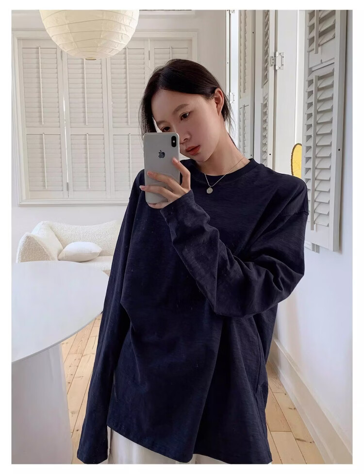 ICH MODE "Versatile King" Bamboo Cotton White Long Sleeve T-Shirt Women Loose Pullover Solid Color Base Shirt White XL 11
