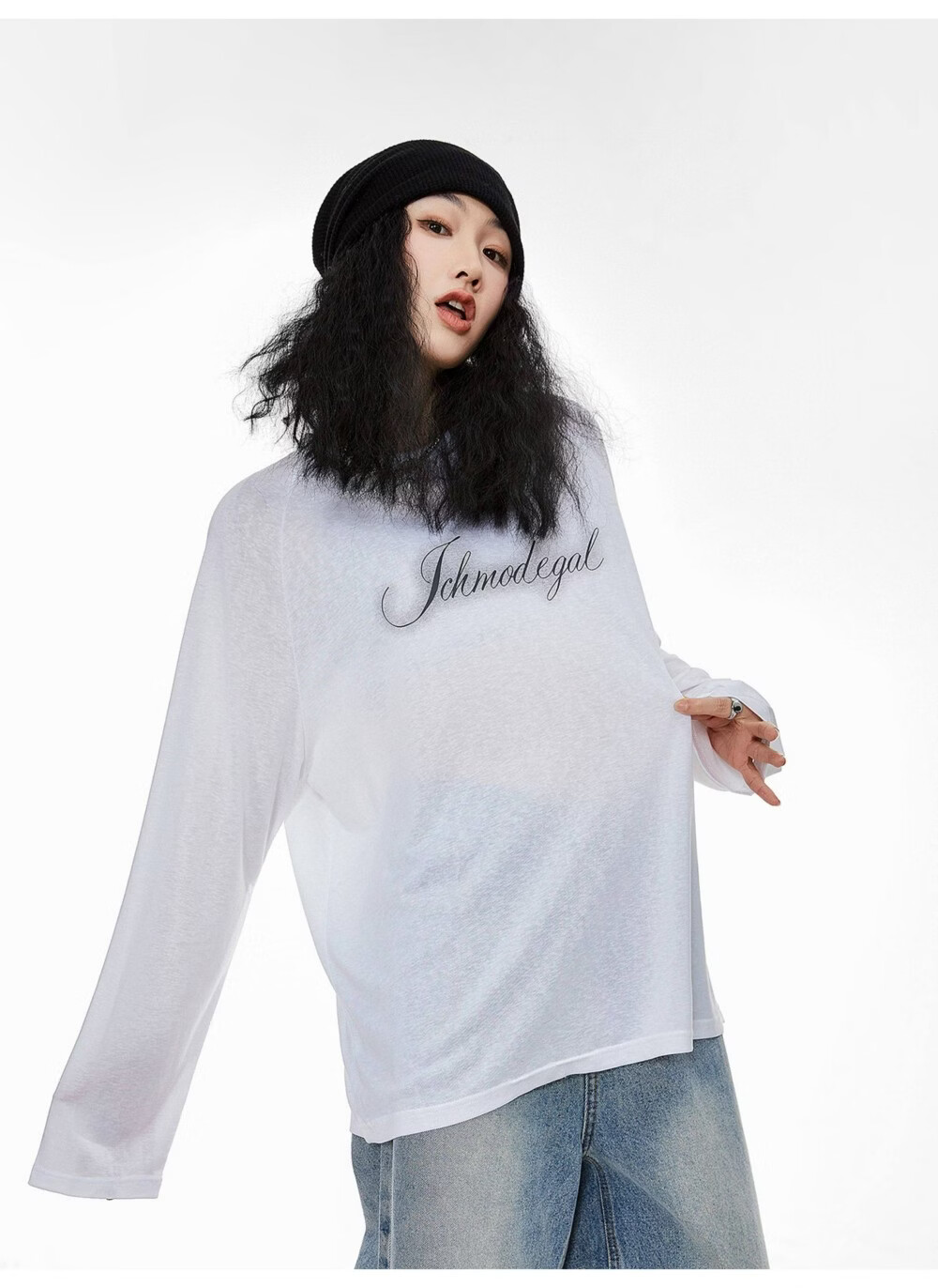 ICH MODE American Style Physical Sunscreen Cooling Loose Long Sleeve T-Shirt Lightweight Lazy Style White S 13