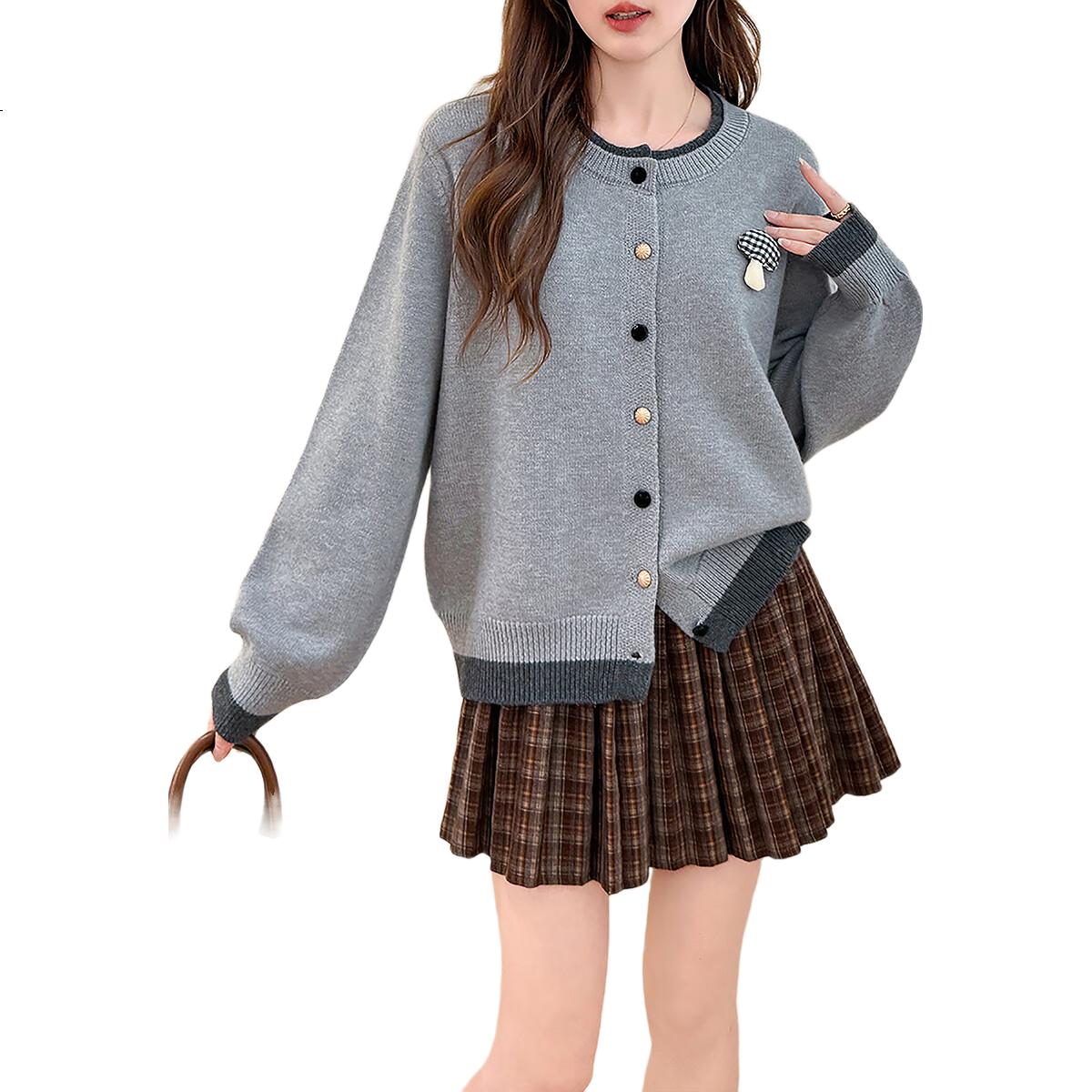 TonLion 2025 Autumn Winter Fun Trim Design Women's Faux Two-Piece Crew Neck Cardigan