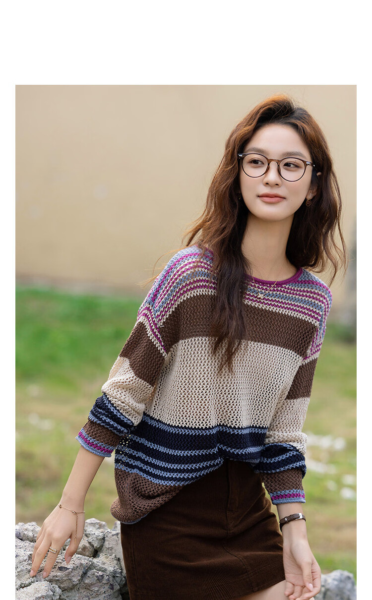 Demana Vintage Woven Light Spring Hollow Out Color Block Striped Crew Neck Loose Knit Sweater for Petite Women 11