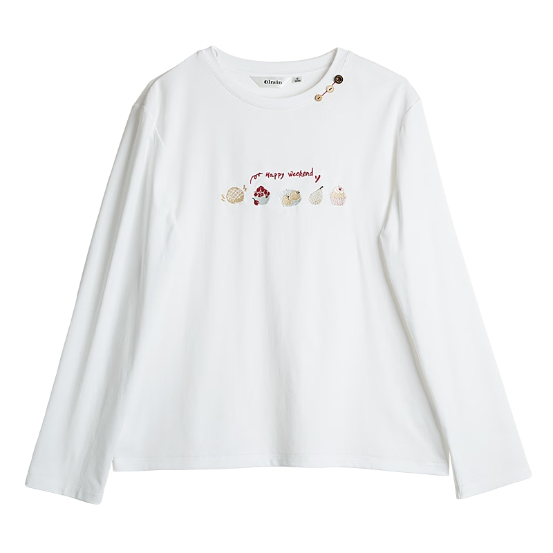 Olrain Eurier Tencel Cotton Simple Elegant Embroidered Loose Long Sleeve T-Shirt Spring New Round Neck Top for Women Beige S