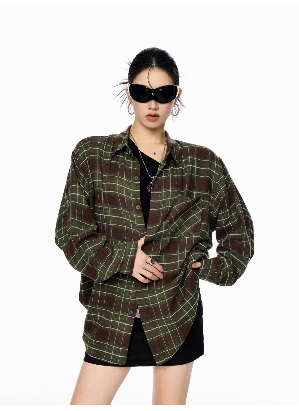 ICH MODE Women's American Style Blue Plaid Shirt Spring New Loose Casual Long Sleeve Shirt Jacket Top Blue L 7