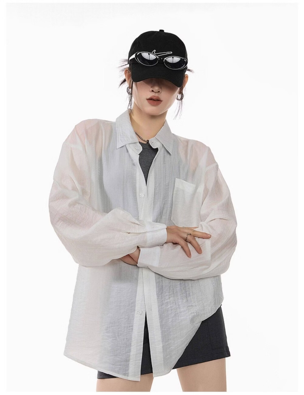 ICH MODE American Style White Shirt Women Summer Loose Physical Sun Protection Shirt Jacket Long Sleeve Top Blue XL 18