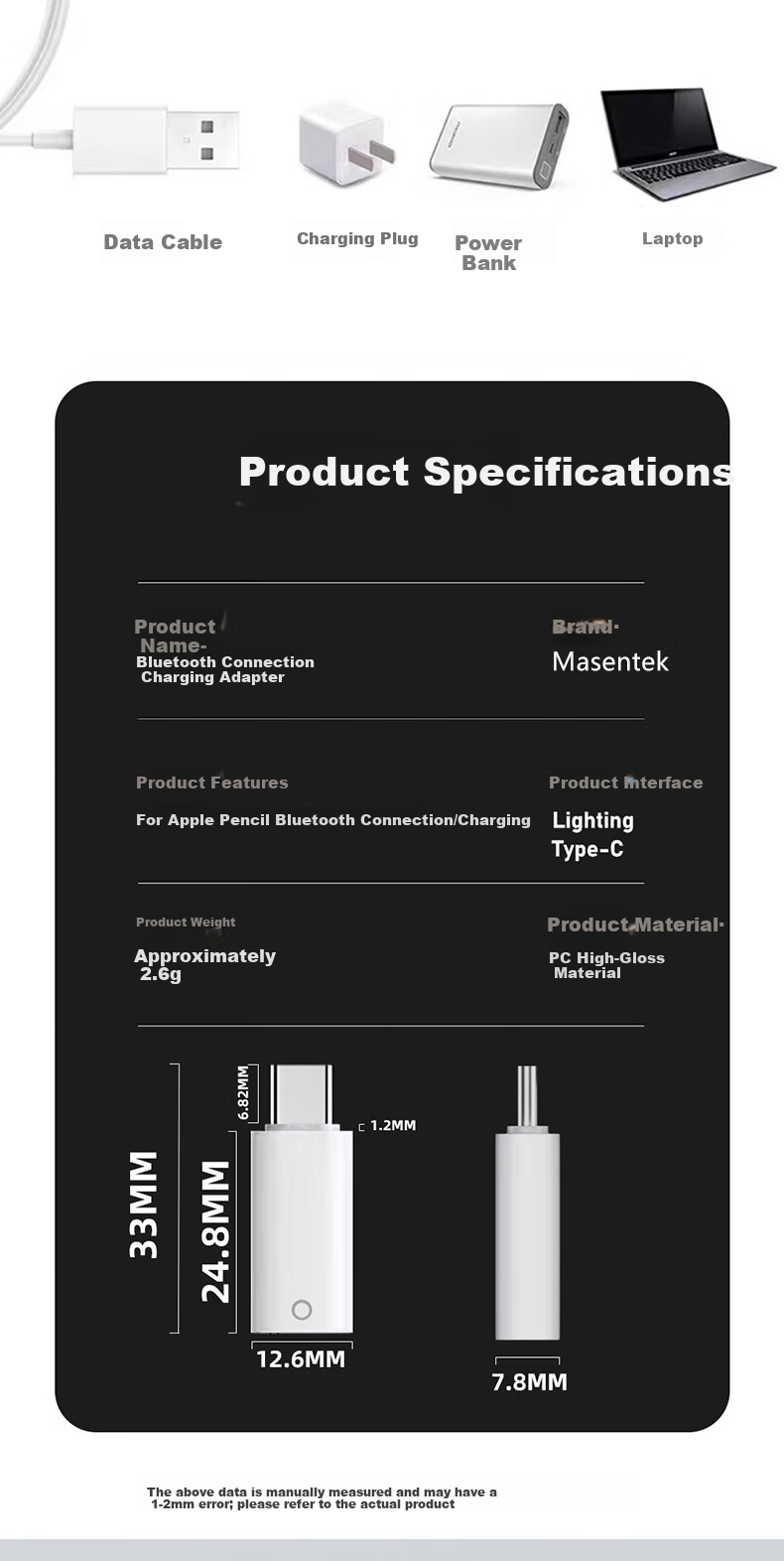Masentek Apple Pencil Charging Adapter for 1st Gen Apple Stylus Bluetooth Connection iPad 10th/11th Gen Converter Tablet Touch Pen Charging Cable iPhone 8