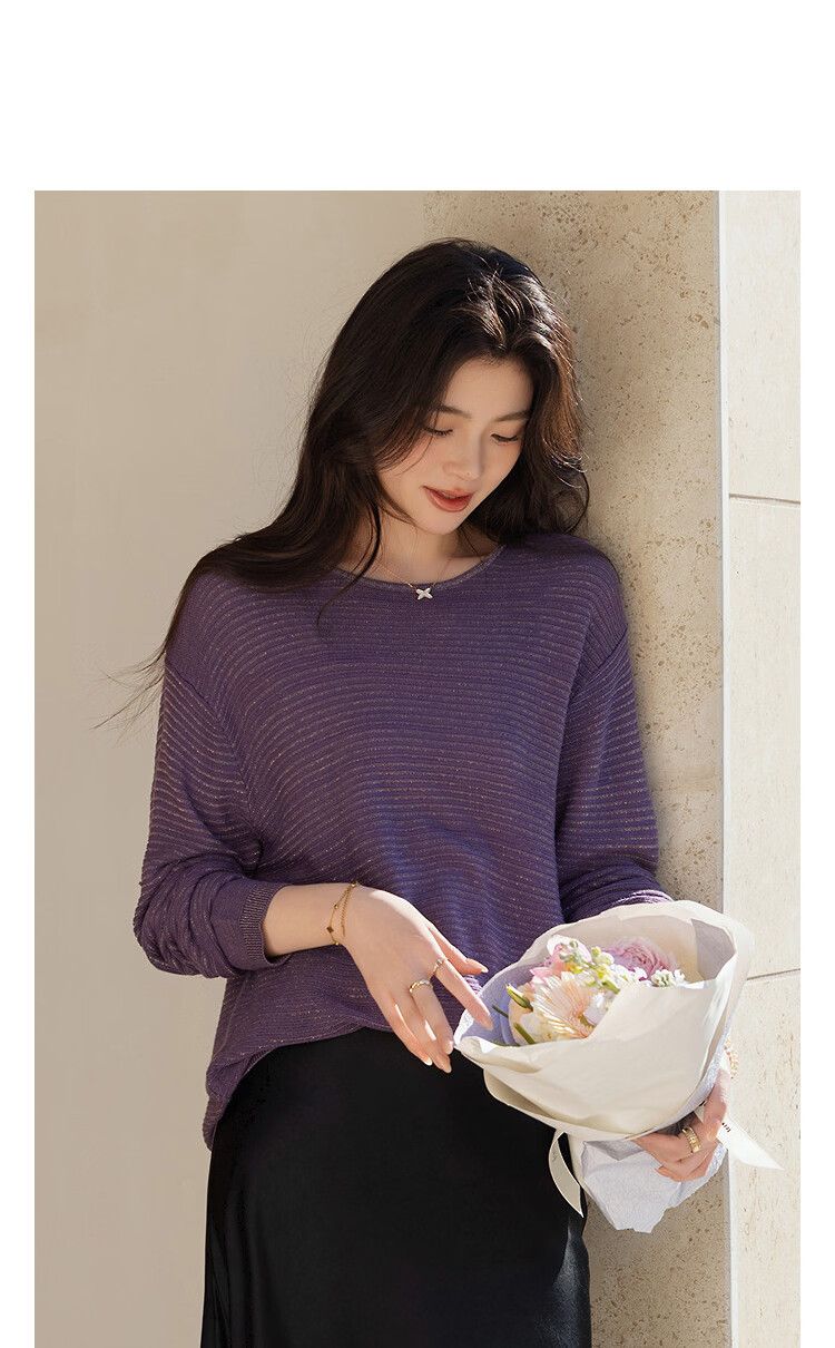 Demana Women's Spring Lady Style Round Neck Sweater with Metal Thread Loose Knit Blended Wool and Mulberry Silk 11