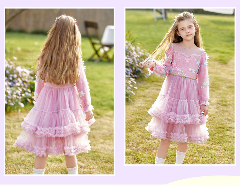 Fulomi Girls' Dress Spring New Sweet Stylish Mesh Dress Baby First Birthday Dress Lotus Pink 160 14