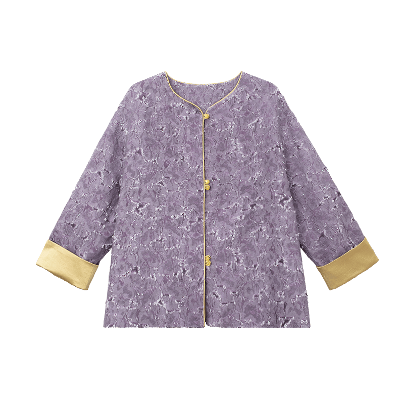 Demana [Purple in Spring] Spring National Style New Chinese Jacquard Frog Button Color-Block Turn-Up Sleeve Petite Women's Jacket