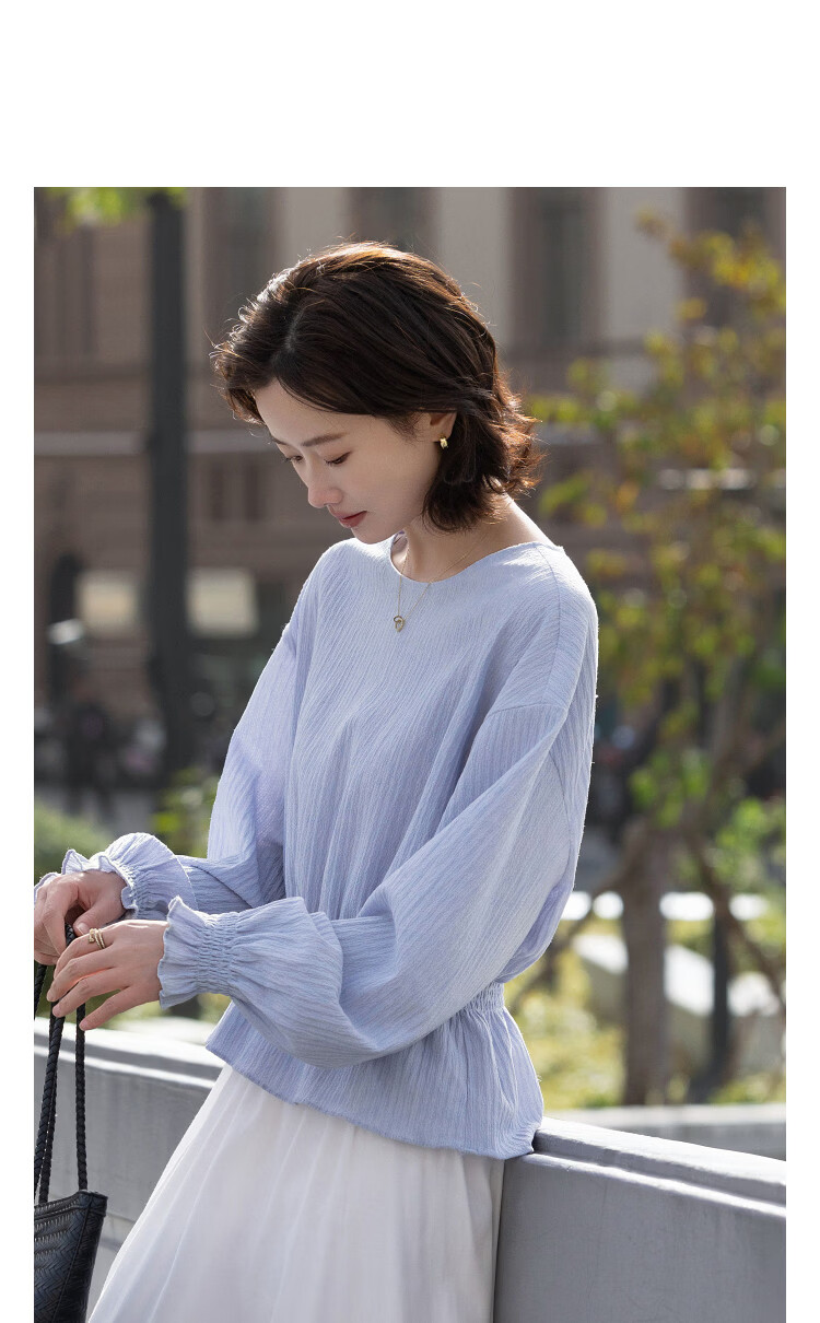 Demana Gentle Narrative Spring French Ruffle Hem Elastic Waist Shirt Round Neck Petite Blouse Women's Top 7