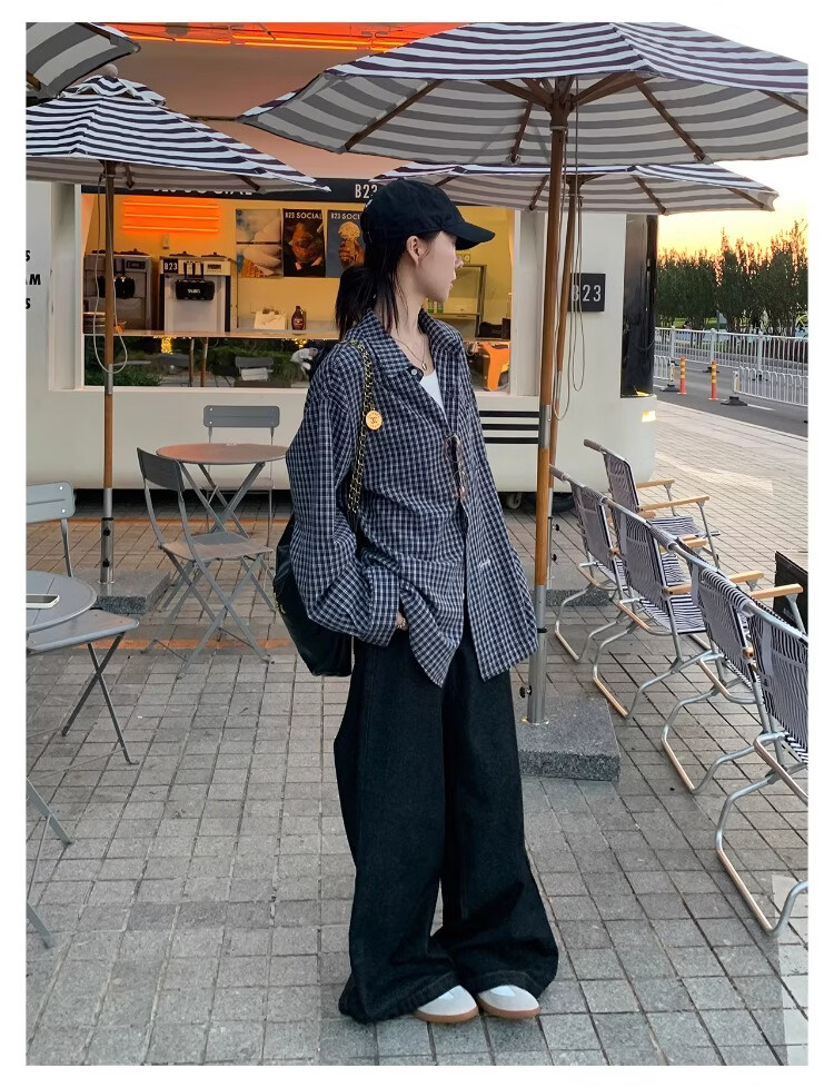 ICH MODE "Plaid Collector" Korean Retro Casual Black and White Plaid Long Sleeve Shirt Spring Autumn Shirt Silver Gray L 7