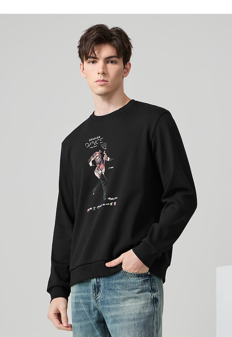 Dancing with Wolves [Fleece Lined Warm] Trendy Printed Crew Neck Pullover Skin-Friendly Comfortable Men's Sweatshirt 001 Black S 4