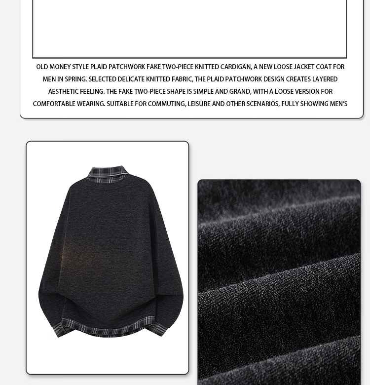 Homlean Plaid Patchwork Knitwear Old Money Style Fake Two-Piece Men's Spring Cardigan Loose Jacket HJ13 Black 2XL 5