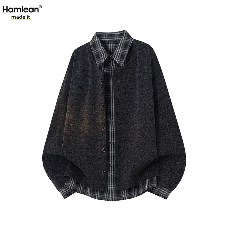 Homlean Plaid Patchwork Knitwear Old Money Style Fake Two-Piece Men's Spring Cardigan Loose Jacket HJ13 Black M