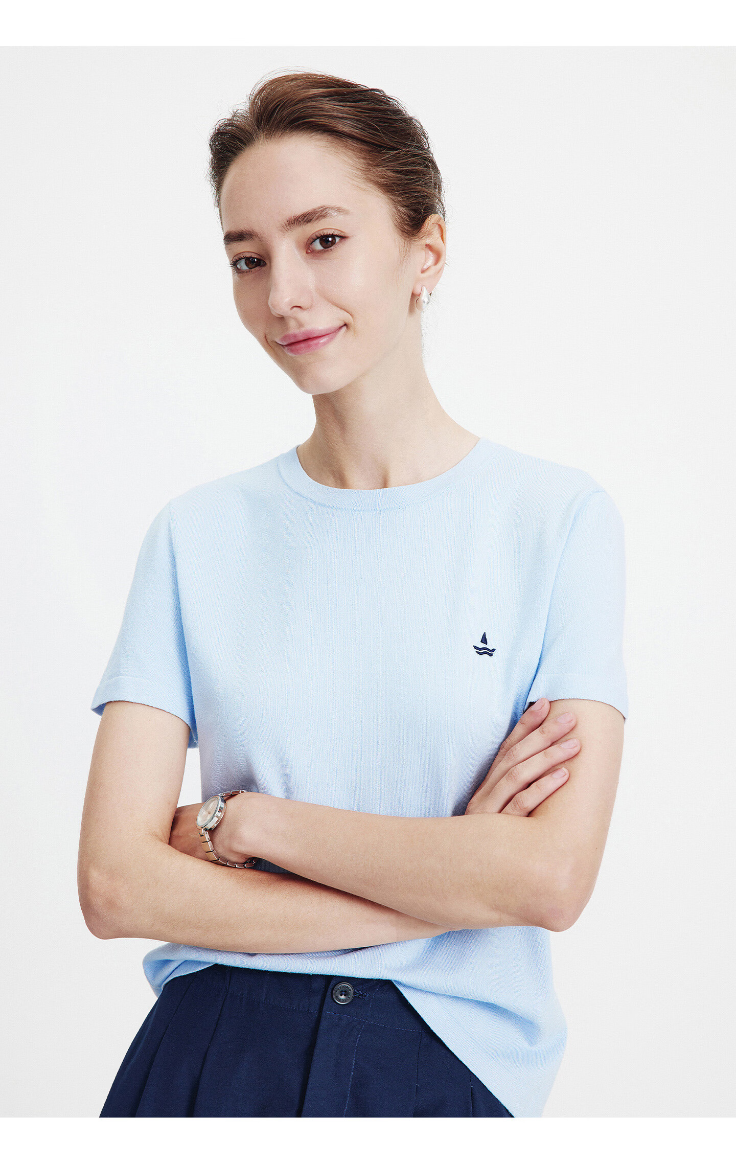 Navigare Small Sailboat Basic Short Sleeve T-Shirt Women 2026 New Round Neck Solid Color Knit Top 2325506507 66