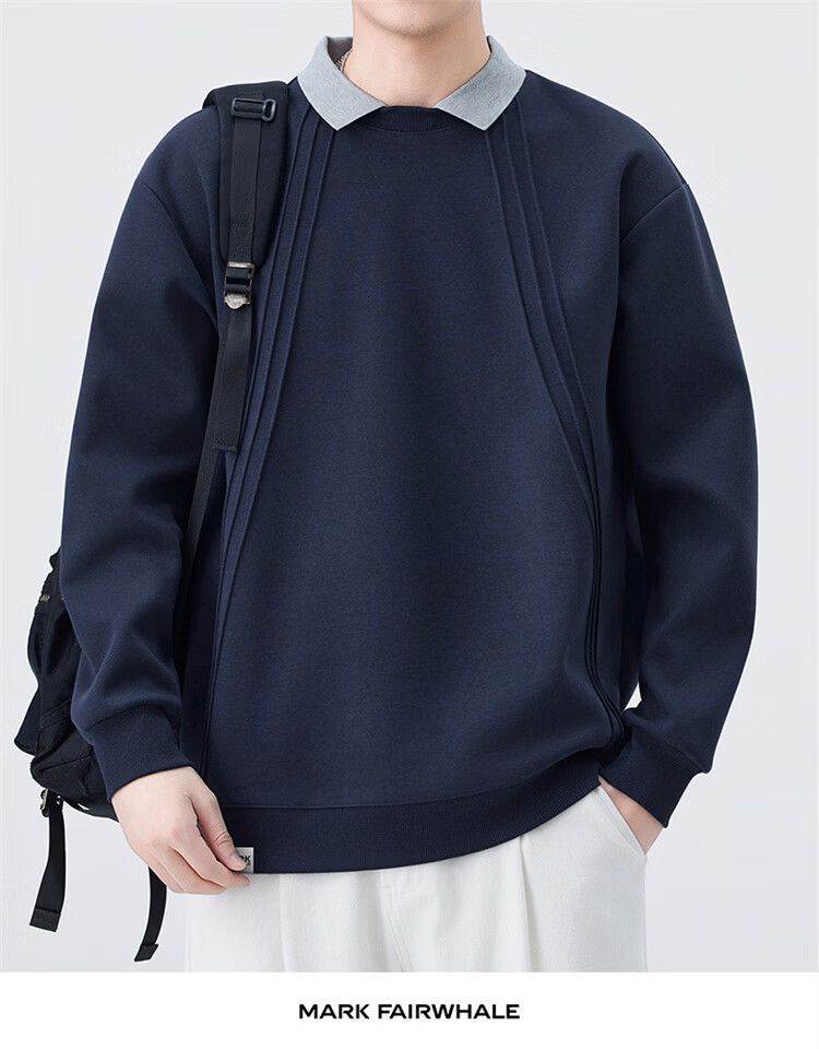 MARK FAIRWHALE Men's Sweatshirt Spring and Autumn Loose Casual Two-in-One Long Sleeve T-Shirt Men's Trendy Jacket Navy Blue XL 6