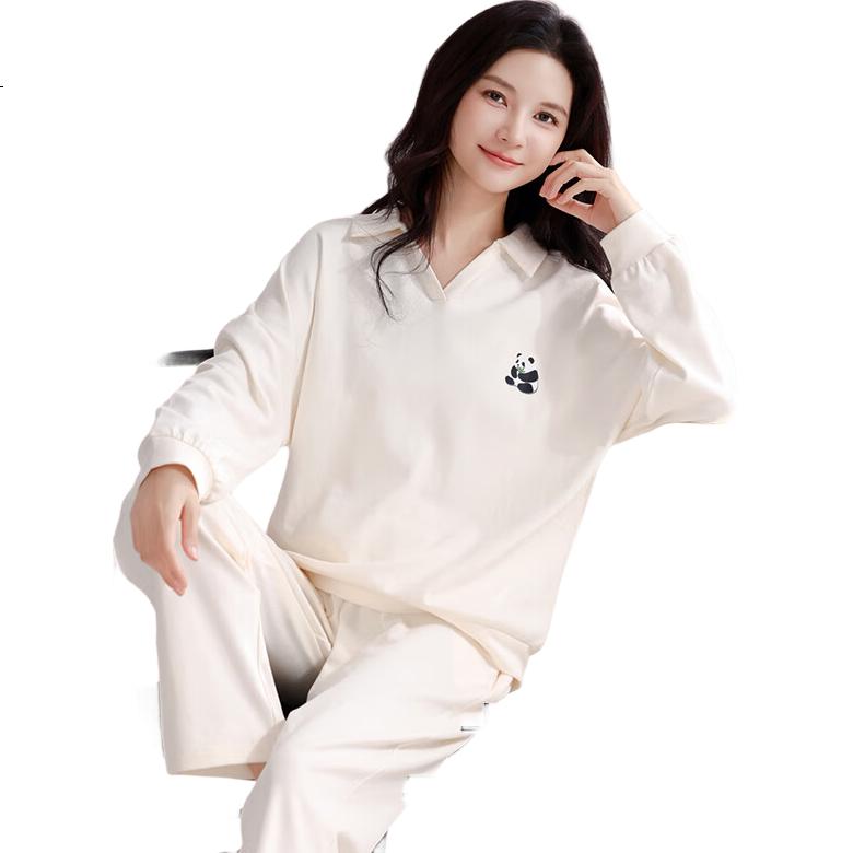 Ordifen Women's Pajamas 100% Cotton Panda Long Sleeve Lapel Pullover Homewear Off-White 2XL