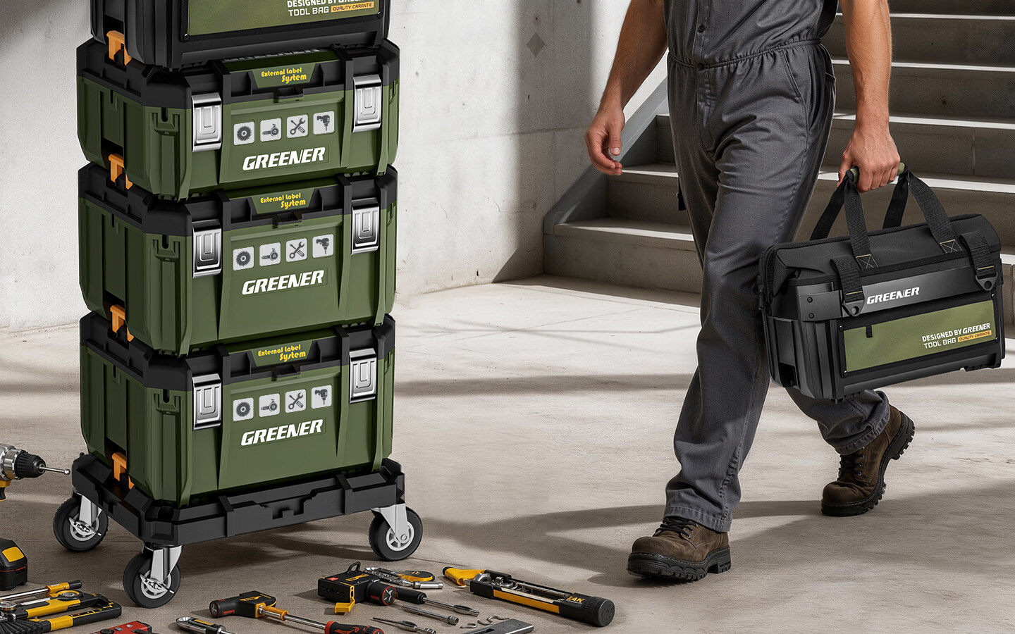 GREENER Flexible Snake Stackable Large Toolbox Hardware Storage Box Impact Drill Electric Hammer with Wheels Multifunctional Electrician Tool 11