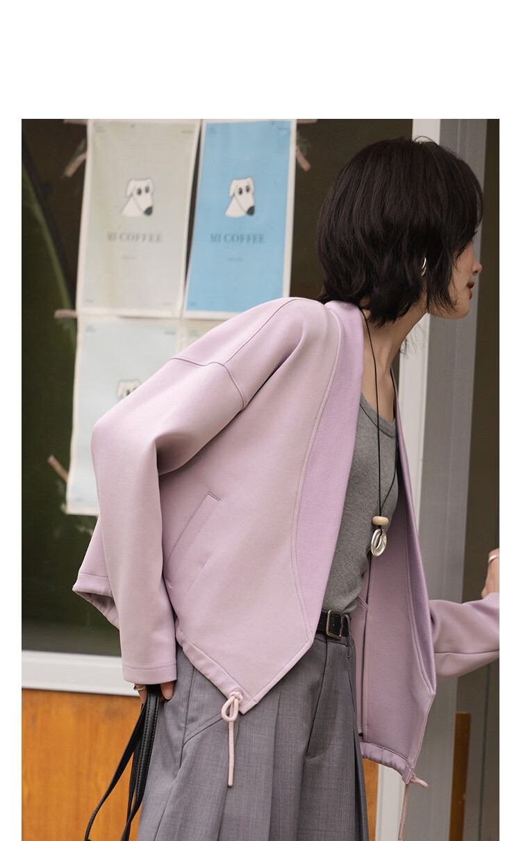 Demana Q-Elastic Air Layer Spring Minimalist Glossy V-Neck Drawstring No-Button Loose Petite Women's Jacket 13