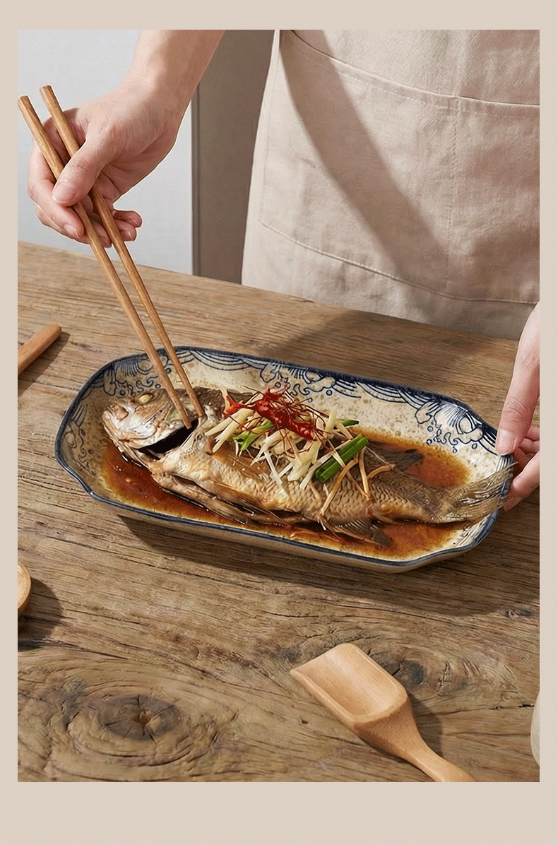 Youlaifu Ceramic Fish Plate 12 Inch Large Household Steaming Fish Dish Dumpling Plate Microwave Safe Underglaze Color 6