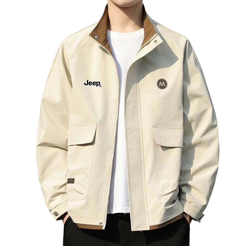 JEEP Men's Jacket, Spring And Autumn Workwear Windbreaker, Loose-Fitting Lapel Top for Men, Beige, 3XL