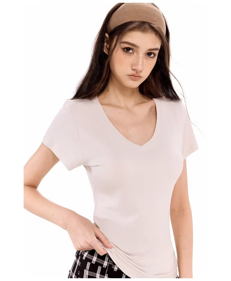 ICH MODE American Vintage Slim Fit V-Neck Cropped Short Sleeve T-Shirt Women Summer New Basic Shoulder Top Dark Purple S 18