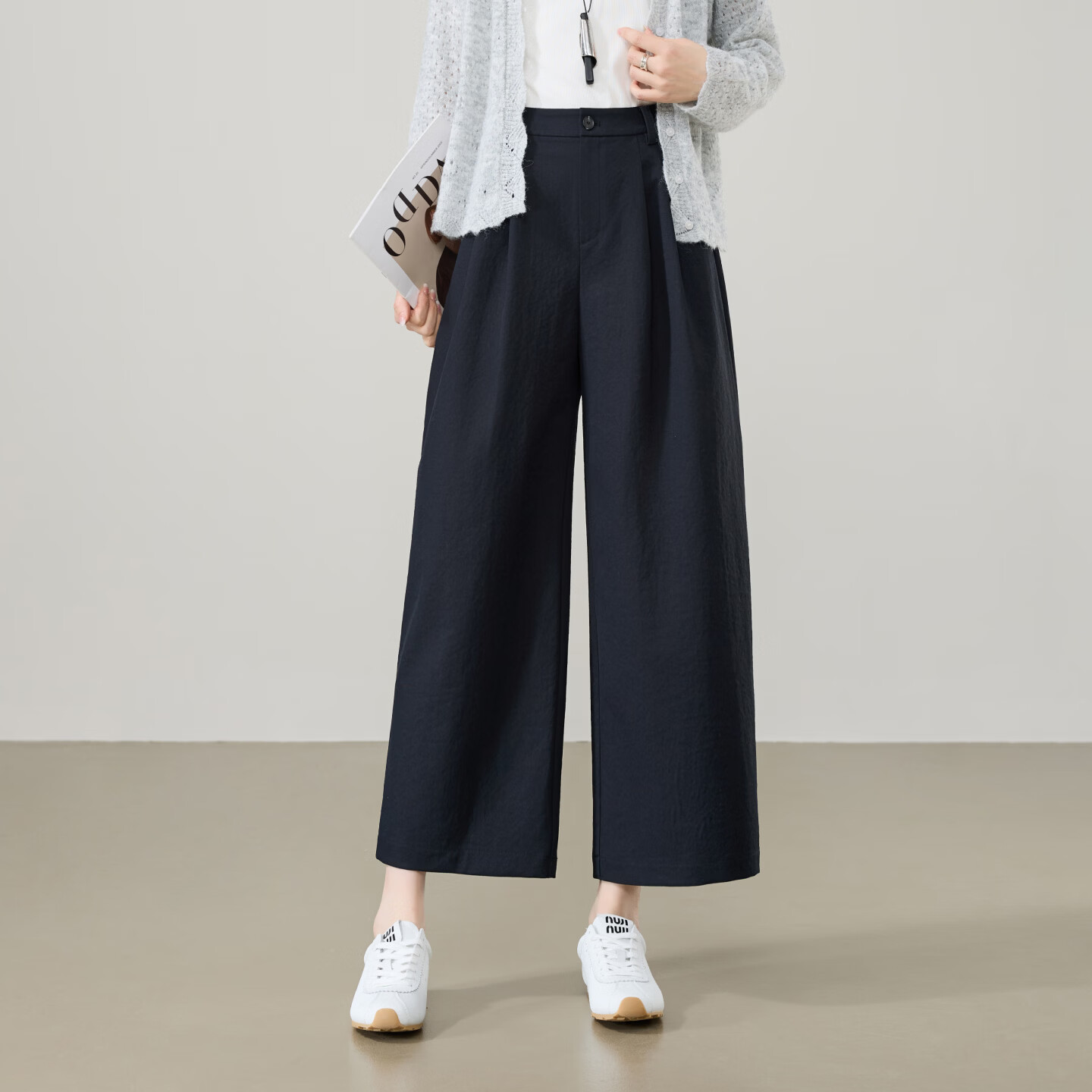 ESE-Y Wrinkle-Resistant Titanium Cotton Nine-Point Straight Wide-Leg Pants for Women 2026 Spring New Draped Casual Pants Navy Blue 27