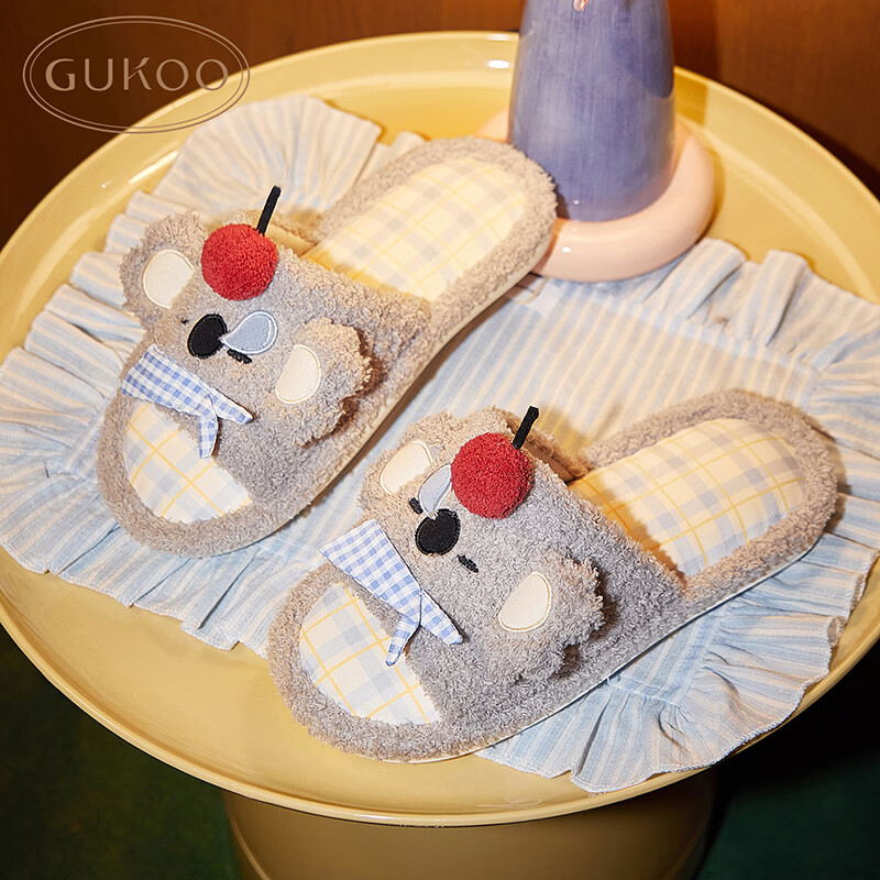 Gukoo Women's Four-Season Original Cute Koala Plaid Flat Home Slippers Vanilla Gray Size 36-37