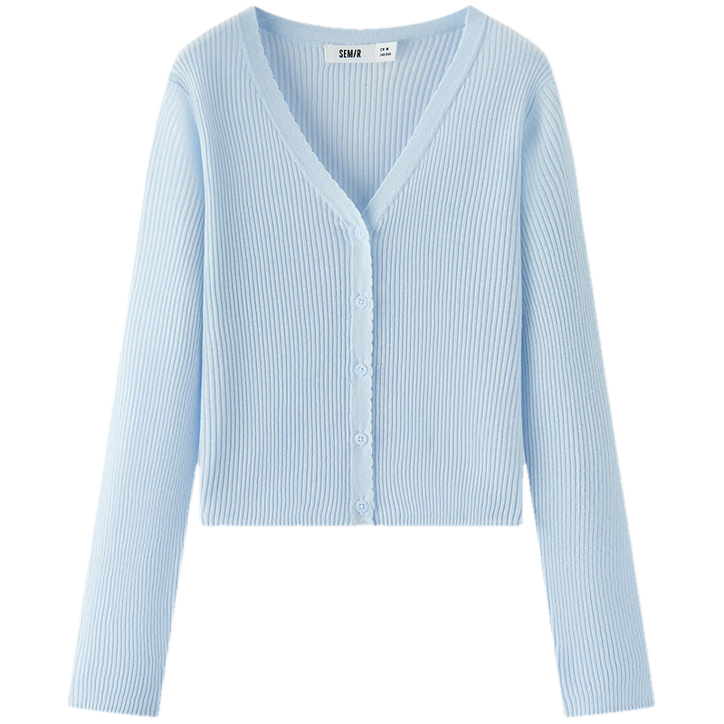 Semir Women's Summer Knit Cardigan Short Slim Solid Color Lace V-Neck Shoulder Layered Top 101325106002