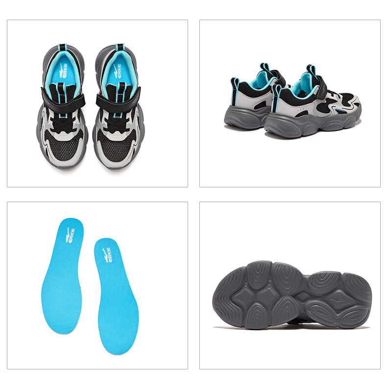 ERKE Kids Summer Casual Shoes Breathable Lightweight Sports Shoes Zero Gray/Whale Gray Size 34 50