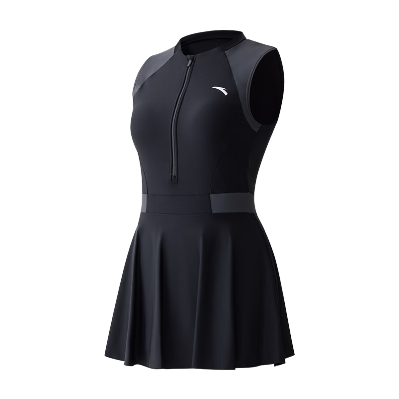 ANTA Women's One-Piece Slim Fit Skirted Swimsuit Breathable Hot Spring Hepburn Style Vacation Swimwear Black Gray 2XL