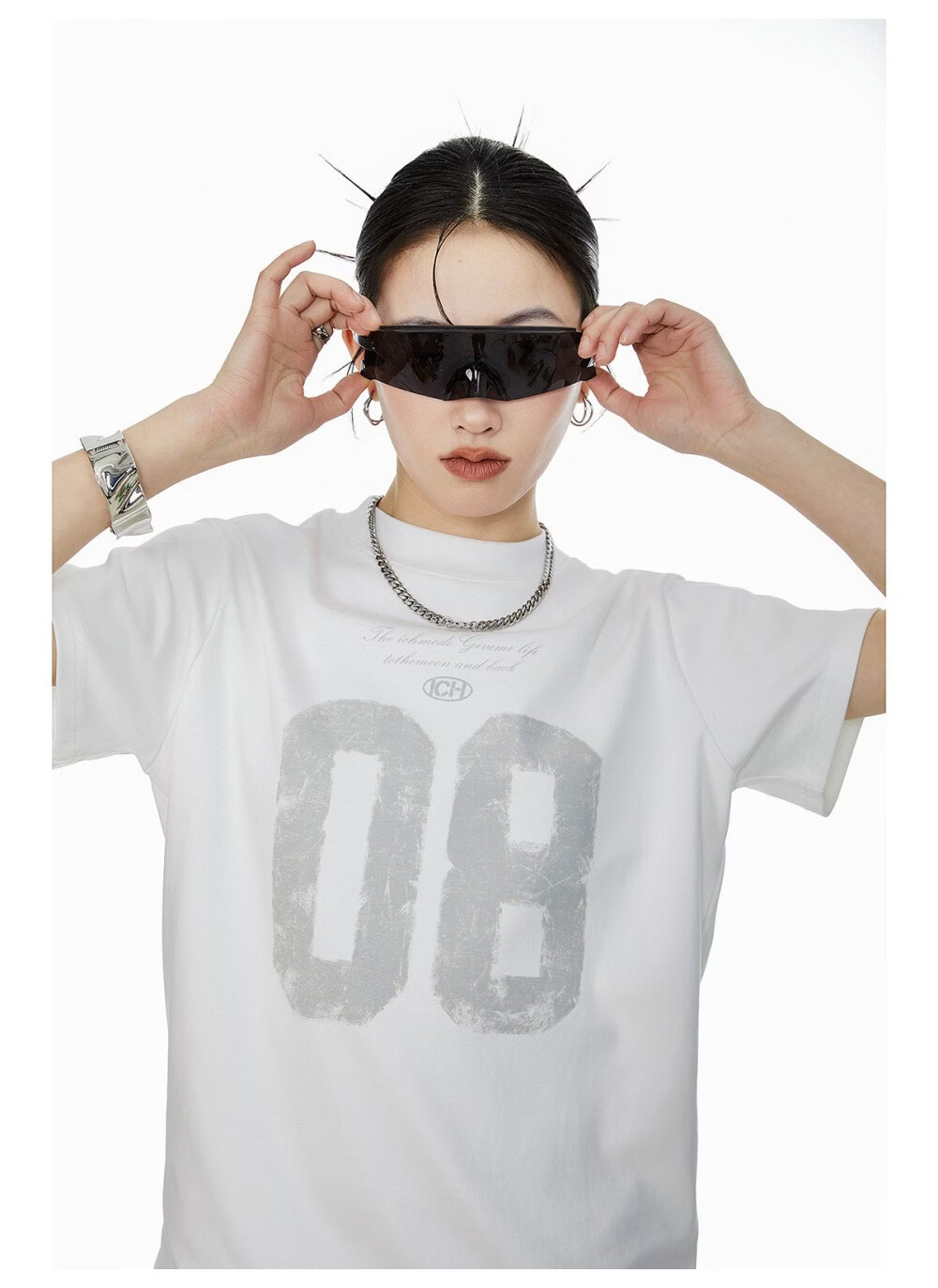 ICH MODE Women's American Slim Fit Shoulder T-Shirt 2026 Summer New Printed Short Sleeve Sports Top White L 9