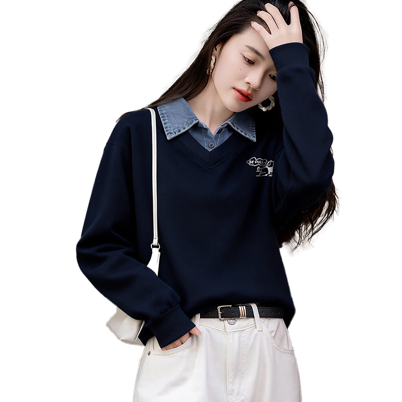 Chushen Spring Autumn Women's Sweatshirt, Fake Two-Piece Splicing, Versatile Loose Fit Long Sleeve Top S61W100