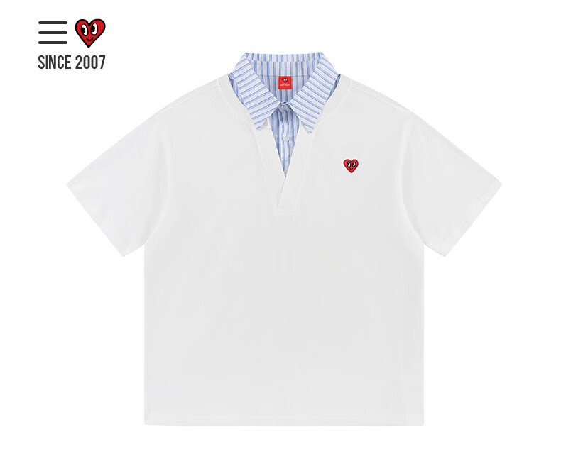 Charles Peach Heart Summer Premium Striped Collar Small Heart Couple Casual Short Sleeve Polo Shirt Navy XL 5
