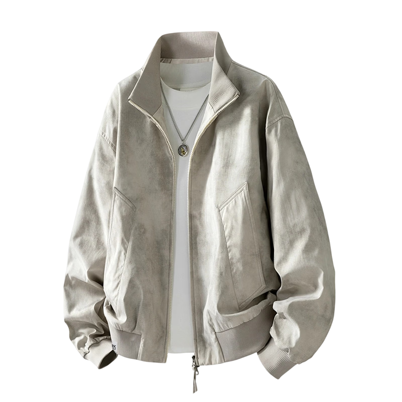 MARK FAIRWHALE Men's Spring Autumn American Tie-Dye Casual Jacket Stand Collar Baseball Coat Khaki L