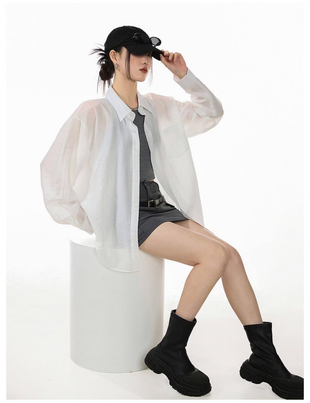 ICH MODE American Style White Shirt Women Summer Loose Physical Sun Protection Shirt Jacket Long Sleeve Top Blue XL 21
