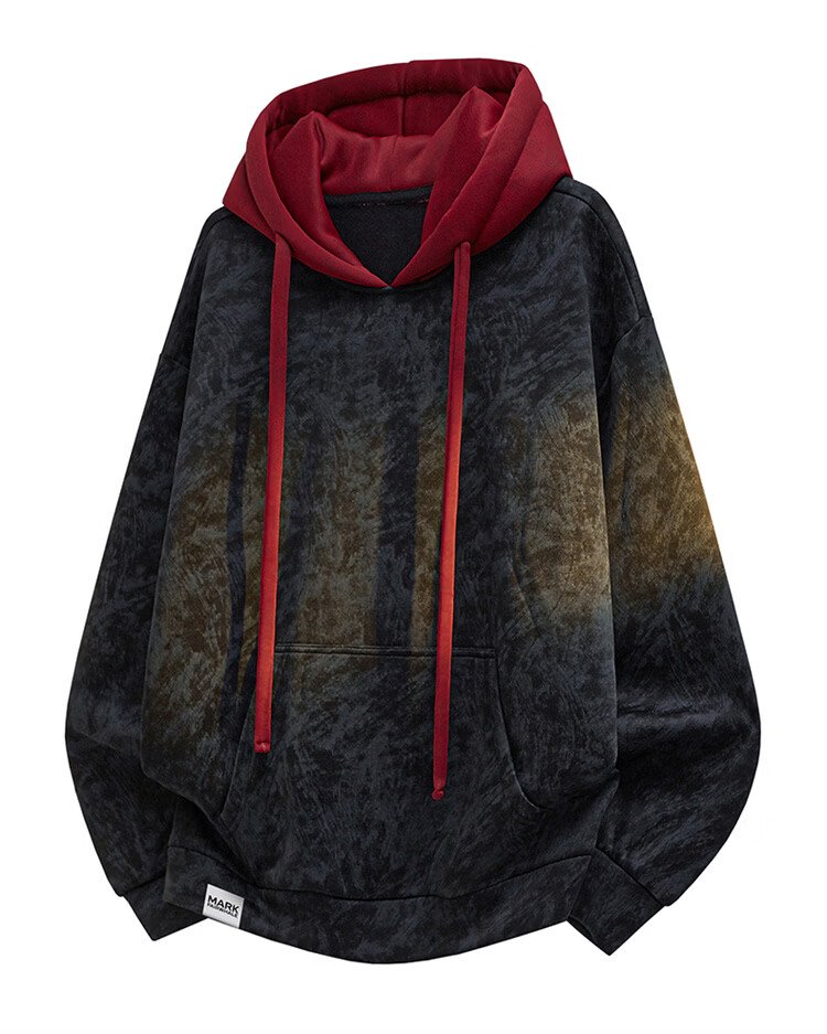 MARK FAIRWHALE Men's Hooded Sweatshirt Spring Autumn Colorblock Casual Jacket Loose Fit Dark Red 4XL 2