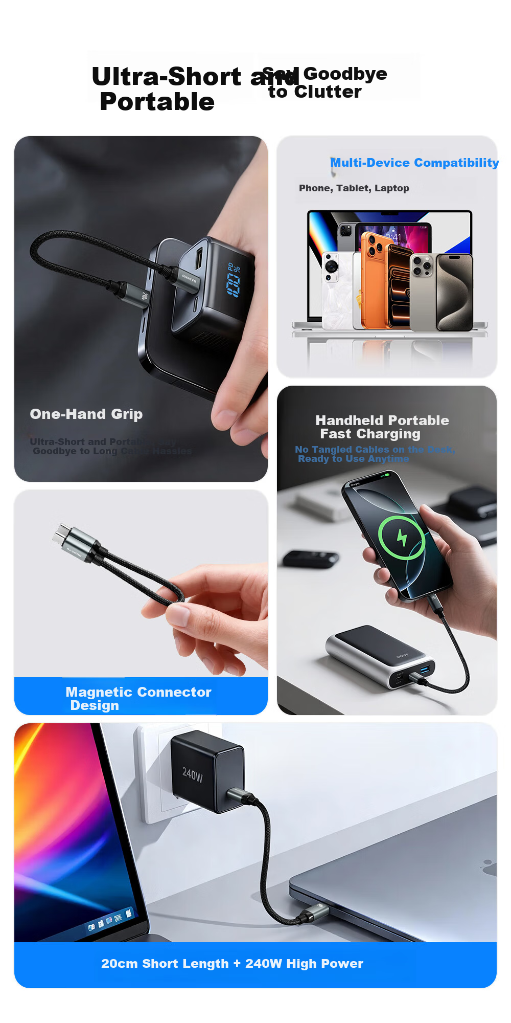 Beimo Magnetic Data Cable, 240W High-Power Fast Charging Cable, 20CM Short Cord, Suitable for IPhone 18 Pro Max/17/16, Huawei/Xiaomi Phones, IPad Tablets, Black 2