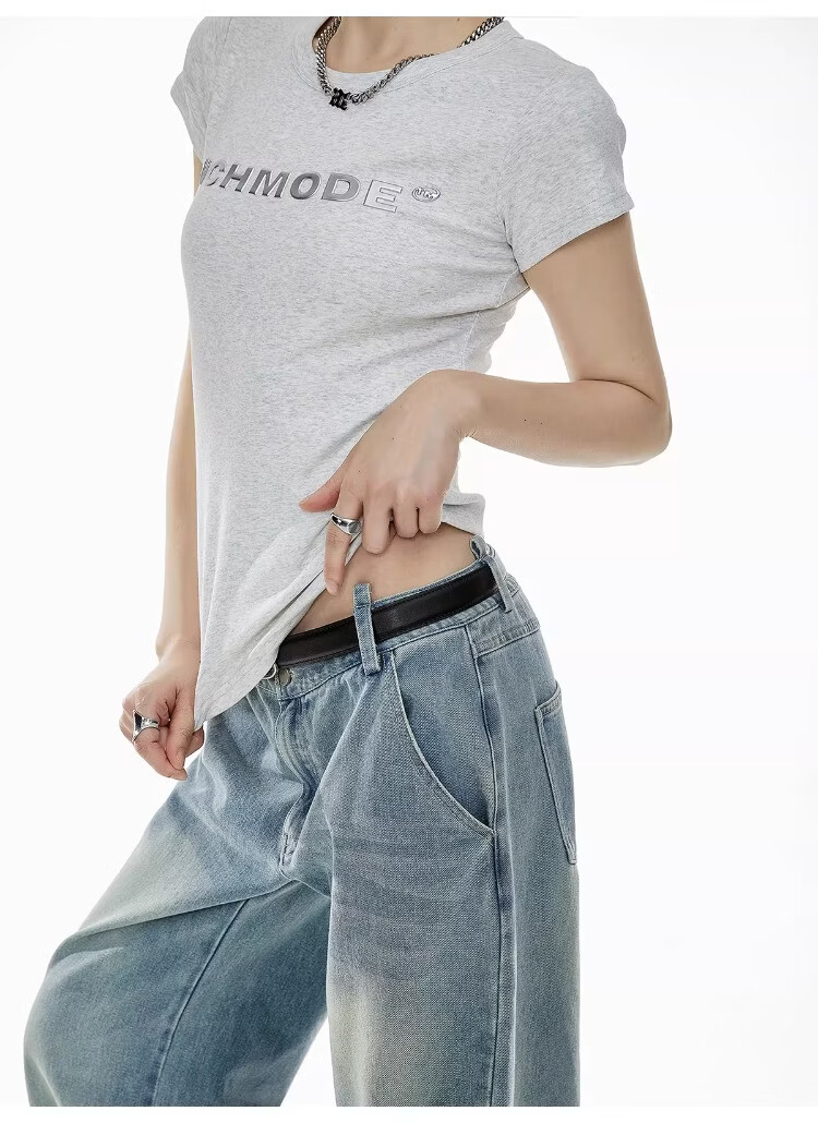 ICH MODE American Slim Fit Shoulder T-Shirt Women Summer New Short Crop Top Black L 22