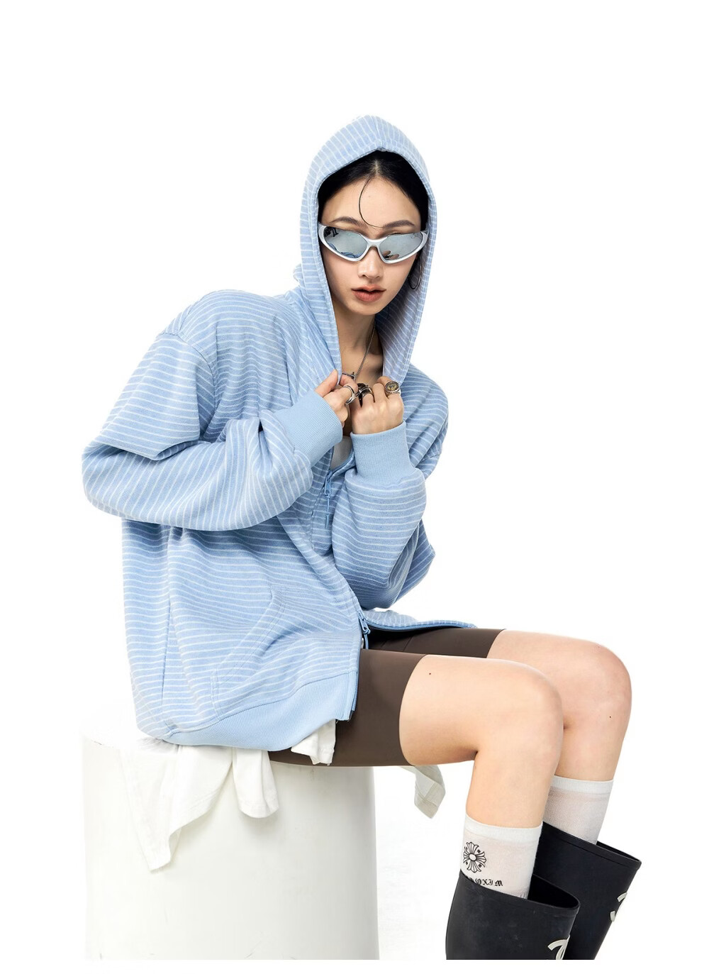 ICH MODE Celebrity Style Striped Hoodie Cardigan Sweatshirt for Women Spring Autumn New Sports Jacket Black M 12